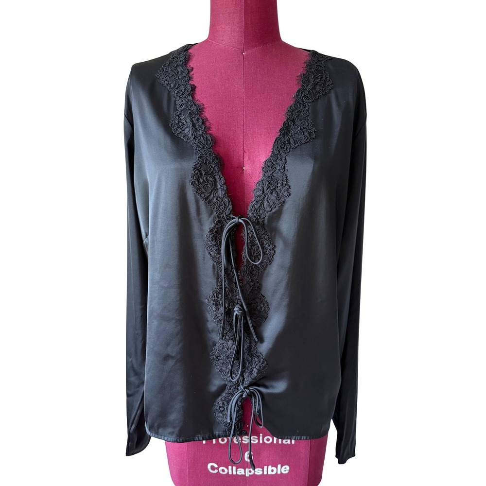 Abercrombie & Fitch Blouse Too Lace Tie Front Satin Long Sleeve Black XL - Picture 3 of 11